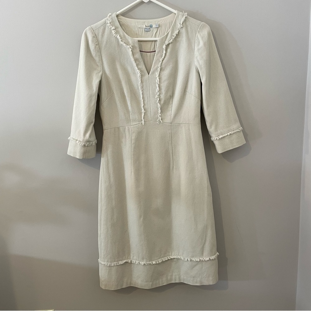 BODEN Cream Ivory Fringe Detail Dress 3/4 Sleeve Knee Length US4L UK8L  FLAW